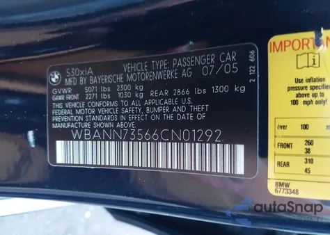 2006 BMW 530Xit from USA, damaged, VIN WBANN73566CN01292